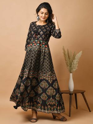 black cotton fit & flare ethnic dress - 17640004 - Standard Image - 2