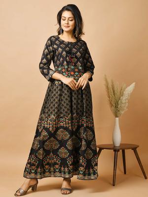 black cotton fit & flare ethnic dress - 17640004 - Standard Image - 3