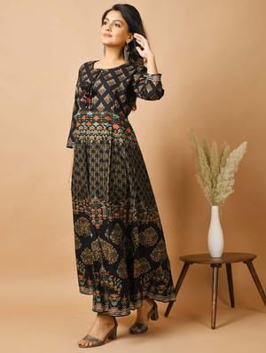 black cotton fit & flare ethnic dress - 17640004 - Standard Image - 5