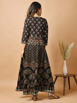 black cotton fit & flare ethnic dress - 17640004 - Standard Image - 6