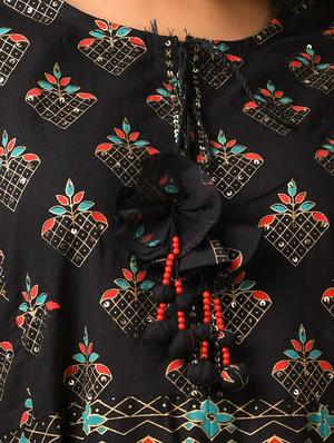 black cotton fit & flare ethnic dress - 17640004 - Standard Image - 8
