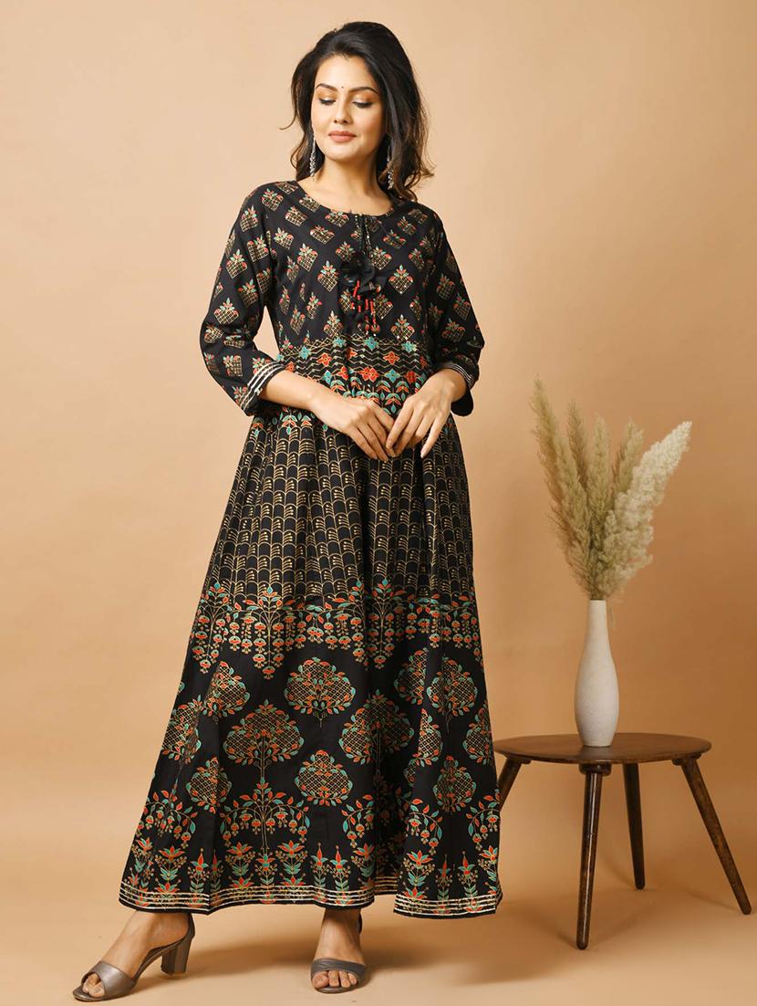 black cotton fit & flare ethnic dress - 17640004 - Zoom Image - 3