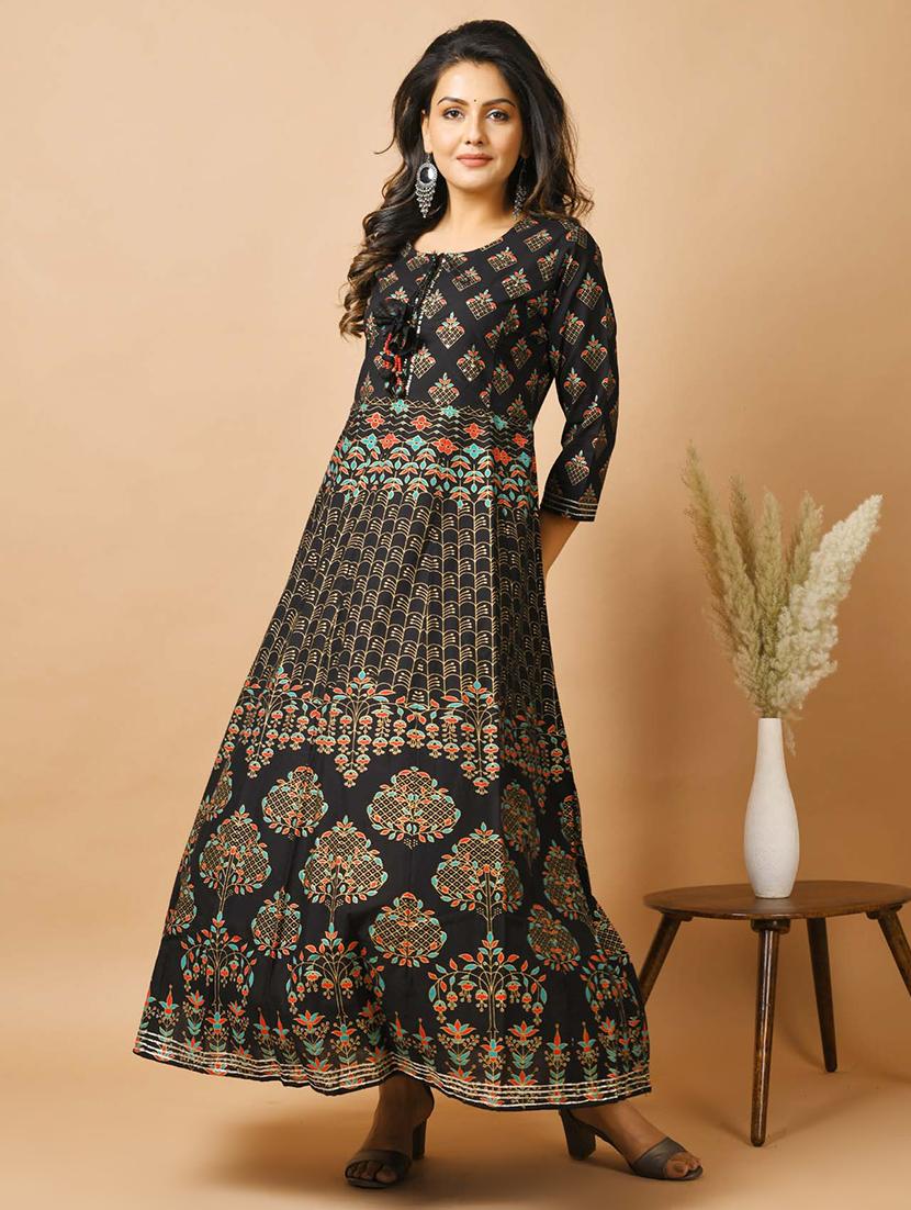 black cotton fit & flare ethnic dress - 17640004 - Zoom Image - 4