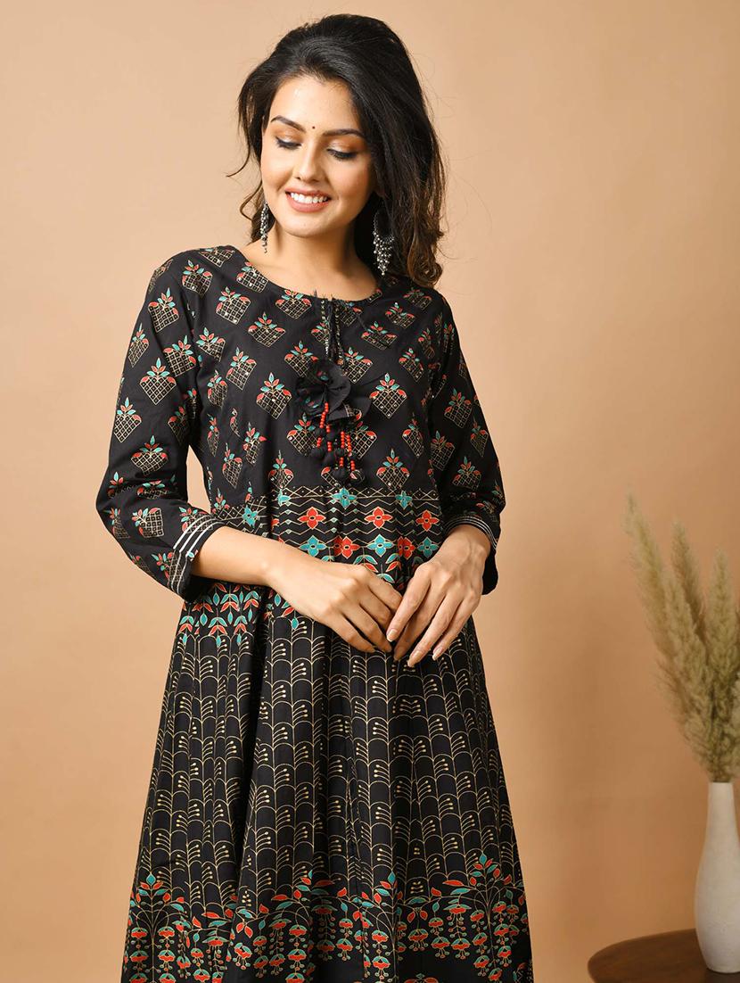 black cotton fit & flare ethnic dress - 17640004 - Zoom Image - 7