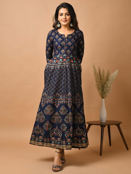 blue cotton fit & flare ethnic dress - 17640005 - Standard Image - 1