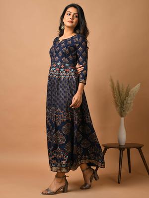 blue cotton fit & flare ethnic dress - 17640005 - Standard Image - 2