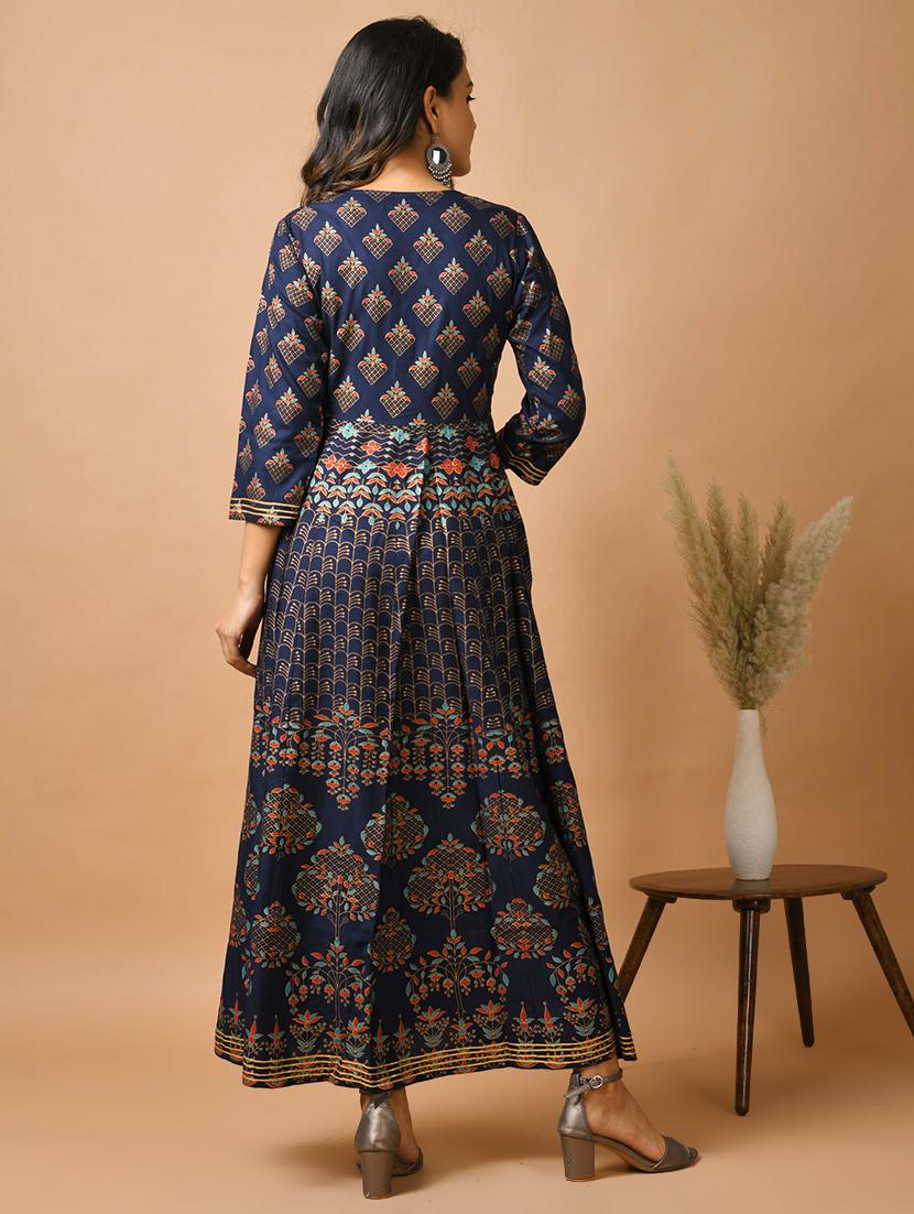 blue cotton fit & flare ethnic dress - 17640005 - Zoom Image - 3