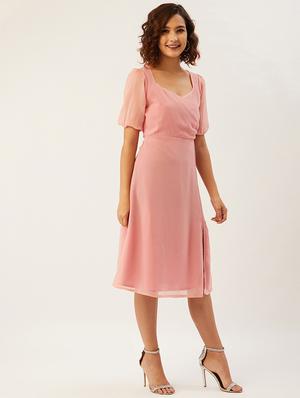 puff sleeved solid a-line dress - 17642056 - Standard Image - 3