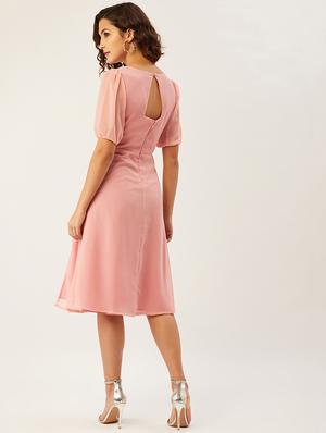 puff sleeved solid a-line dress - 17642056 - Standard Image - 4