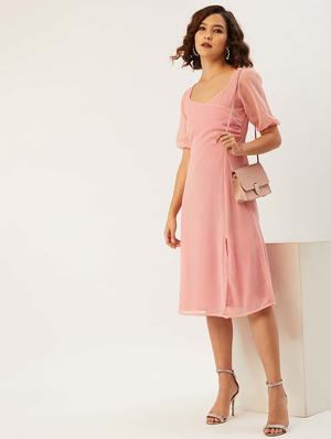 puff sleeved solid a-line dress - 17642056 - Standard Image - 5