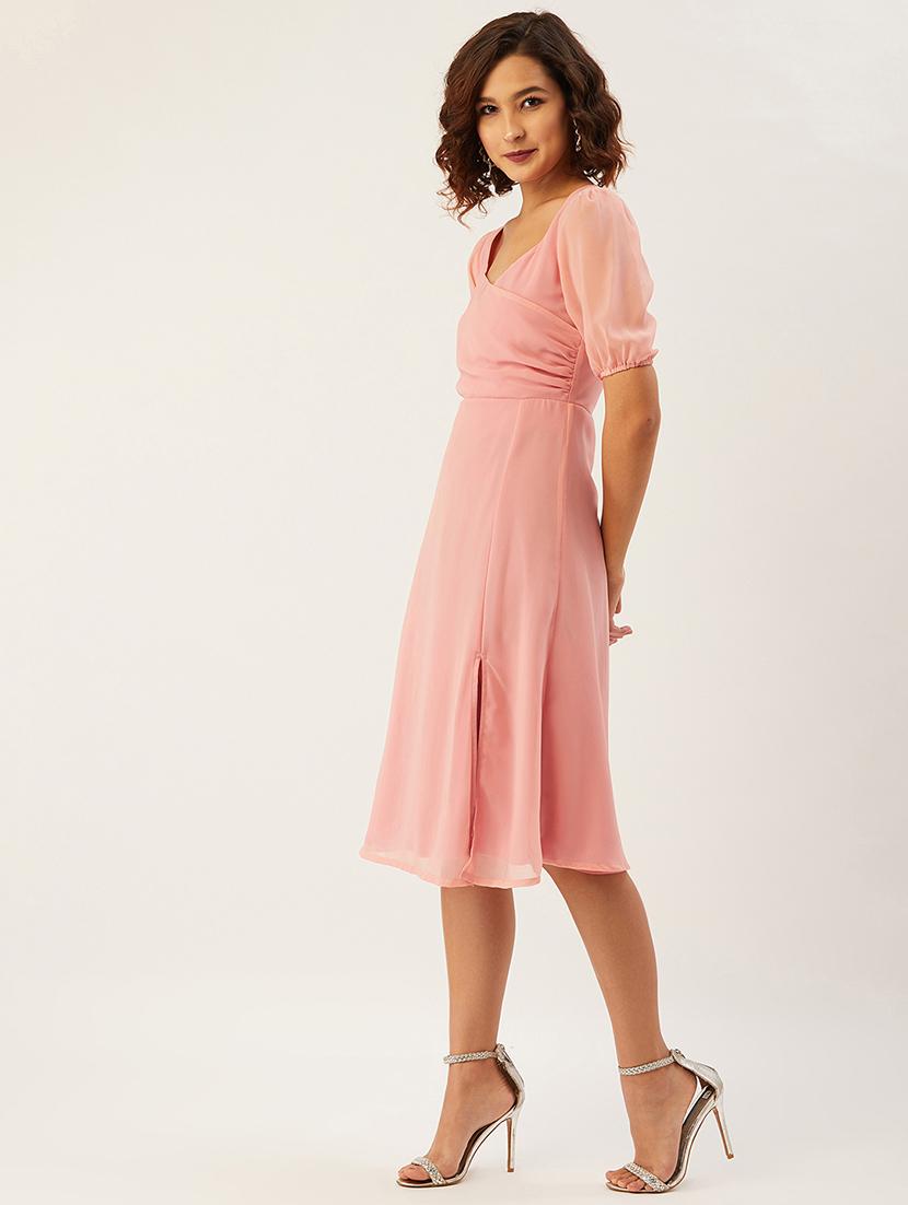 puff sleeved solid a-line dress - 17642056 - Zoom Image - 2