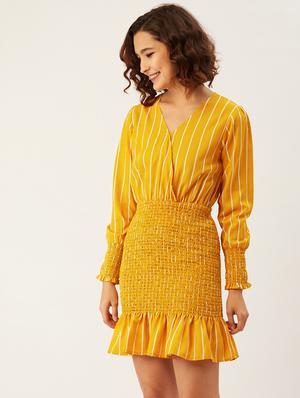 overlap neck smocked bodycon dress - 17642060 - Standard Image - 2