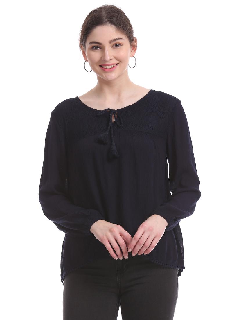 lace yoke crinkled top - 17645659 - Zoom Image - 1