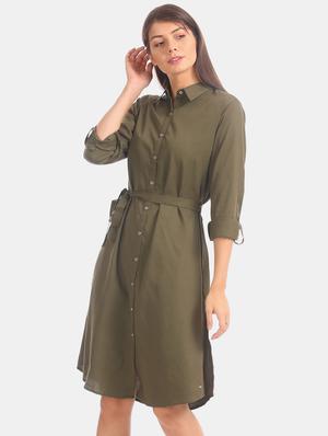 tie front solid shirt dress - 17646485 - Standard Image - 2