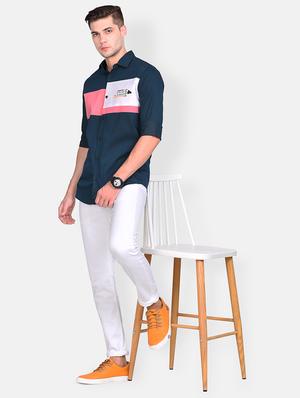 navy blue color block casual shirt - 17646878 - Standard Image - 4