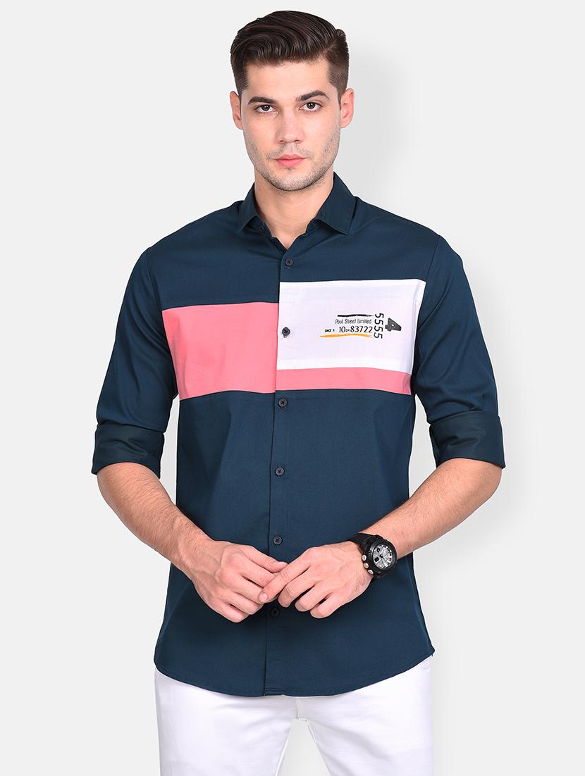 navy blue color block casual shirt - 17646878 - Zoom Image - 1