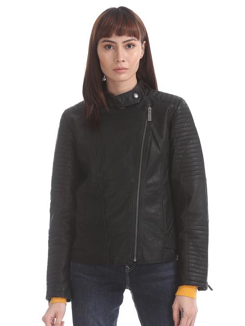 asymmetric zipper solid biker jacket - 17647163 - Standard Image - 1