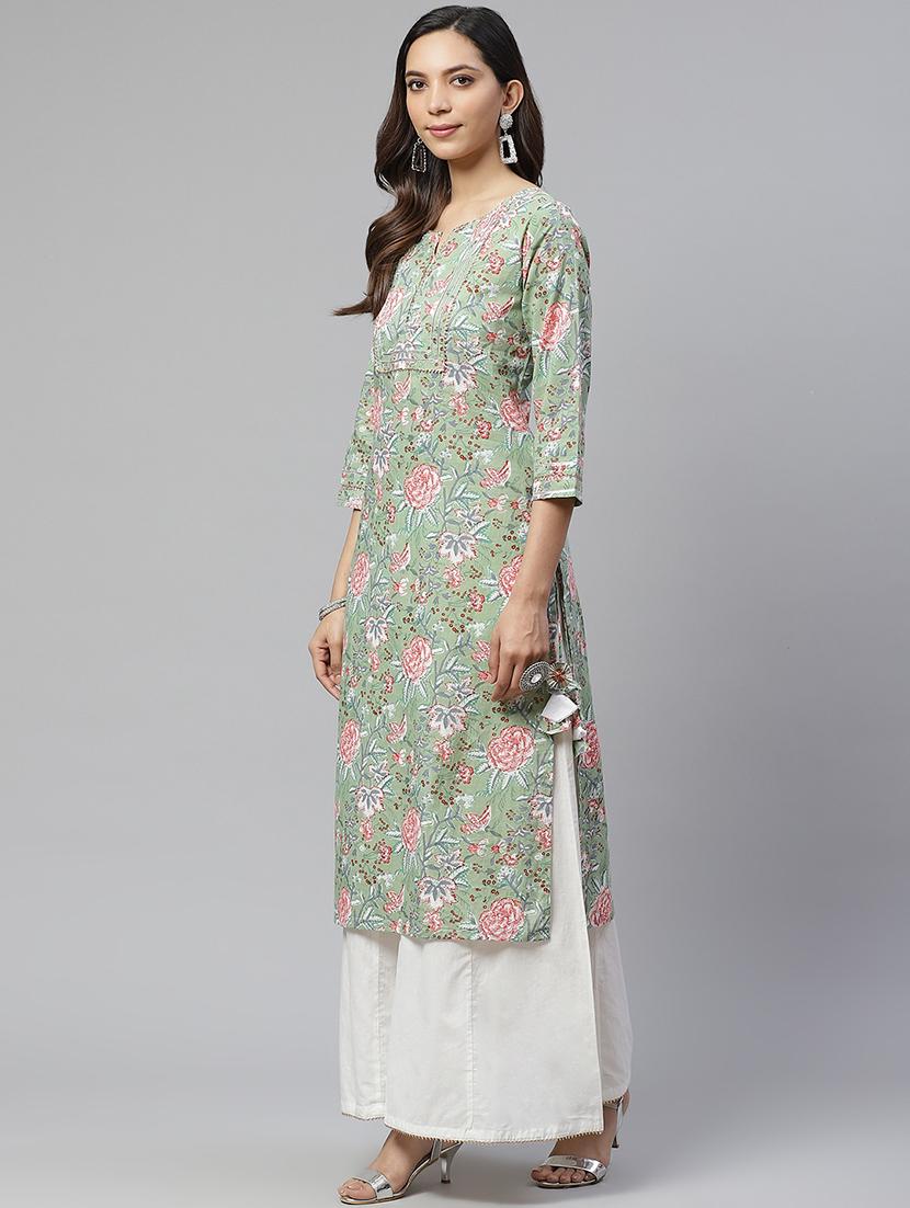 green cotton kurta palazzo set - 17652248 - Zoom Image - 2