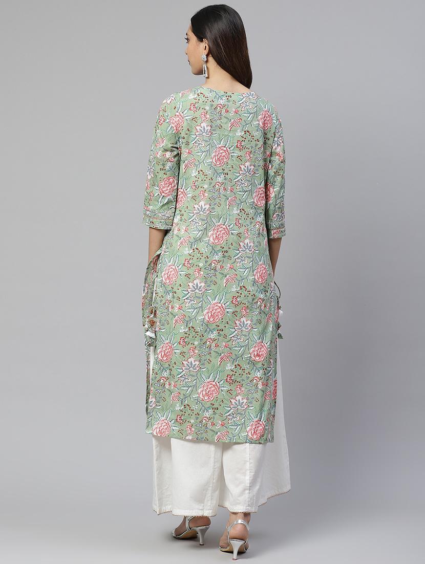 green cotton kurta palazzo set - 17652248 - Zoom Image - 3