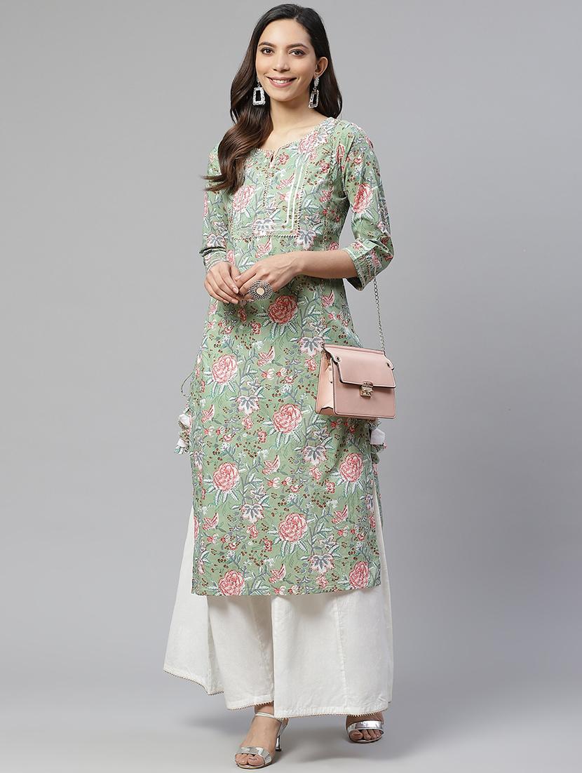 green cotton kurta palazzo set - 17652248 - Zoom Image - 4