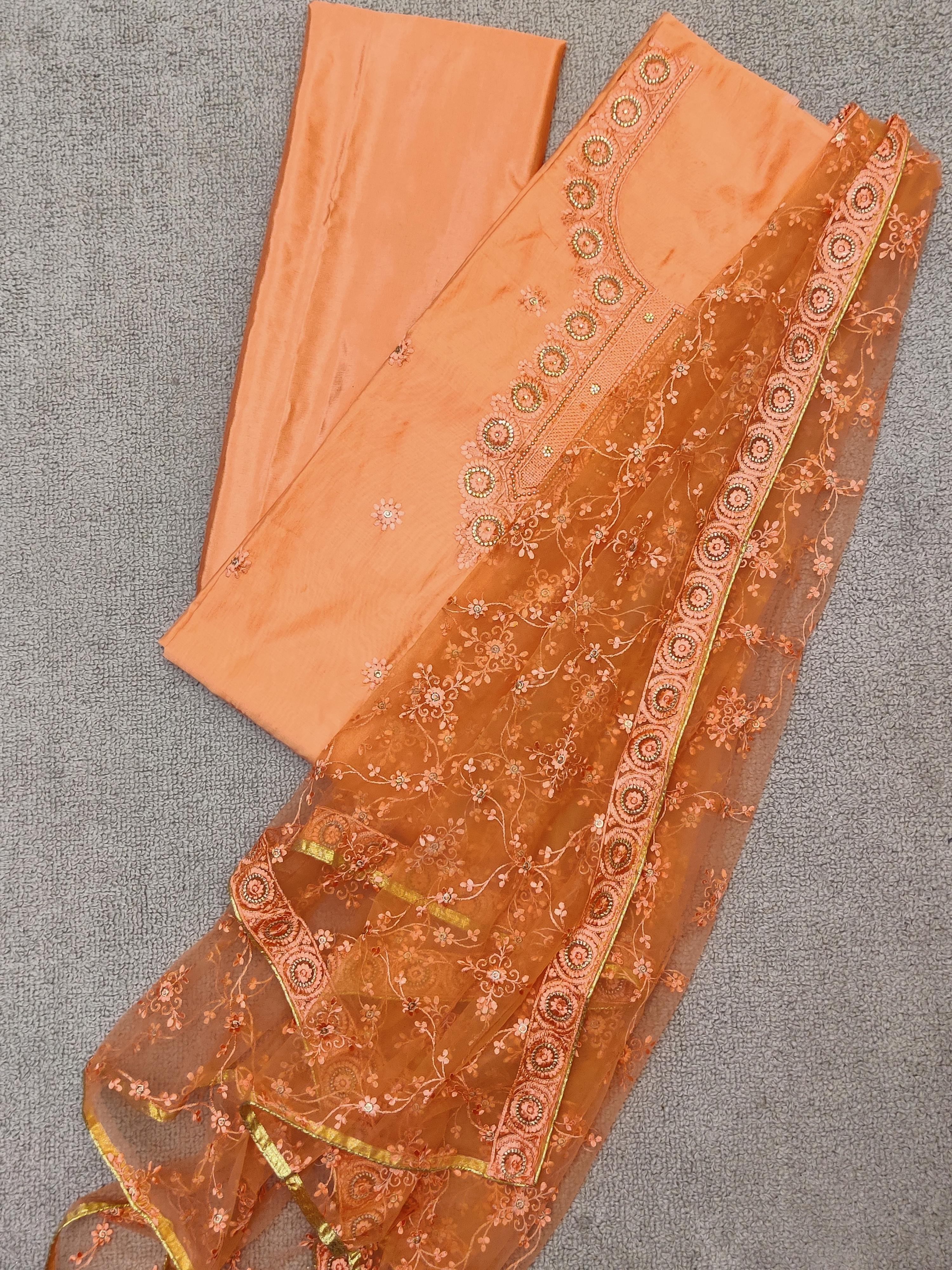 orange unstitched embroidered suit set - 17652831 - Zoom Image - 1