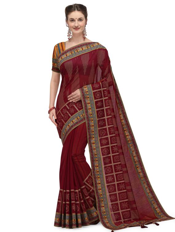 maroon chanderi printed saree with blouse - 17656355 - Zoom Image - 1