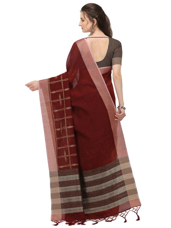 maroon linen woven saree with blouse - 17656405 - Zoom Image - 2