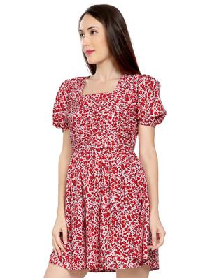 puff sleeved floral fit & flare dress - 17656826 - Standard Image - 2