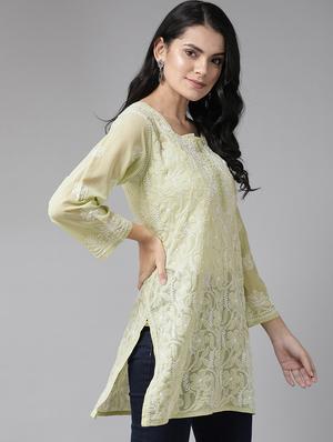 ada hand-embroidered green chikankari kurti - 17658023 - Standard Image - 2