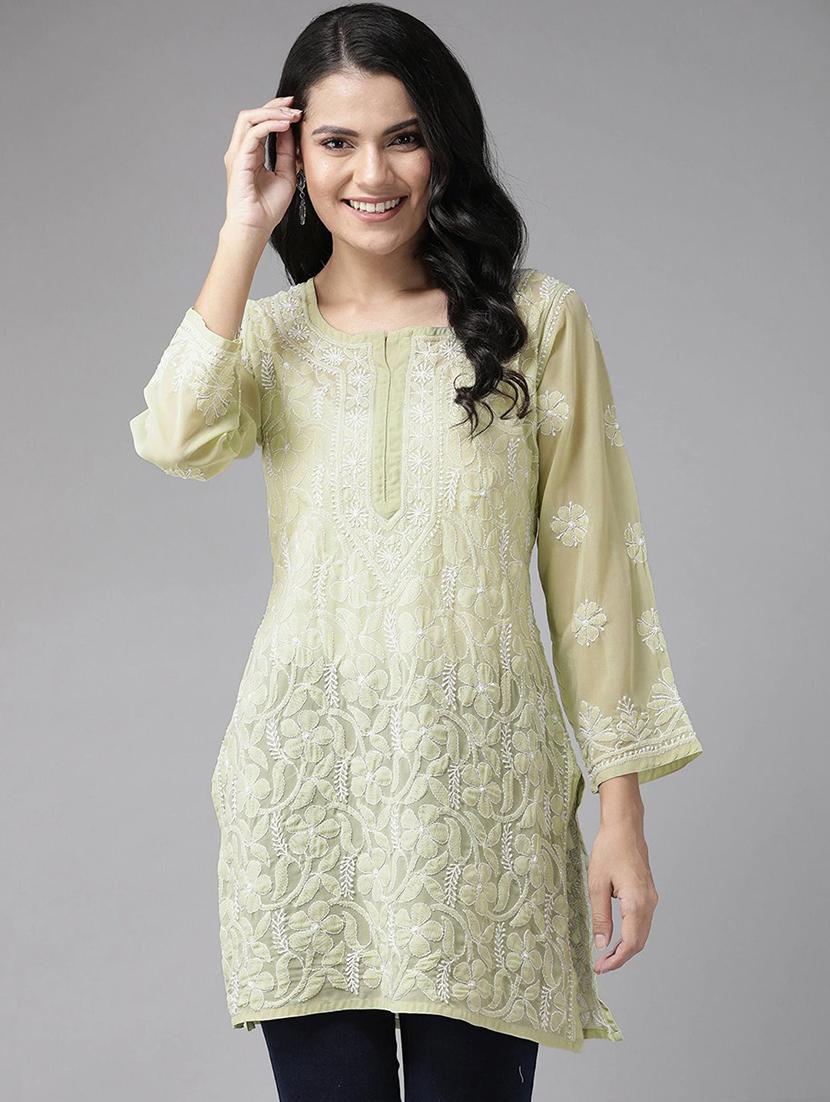 ada hand-embroidered green chikankari kurti - 17658023 - Zoom Image - 1