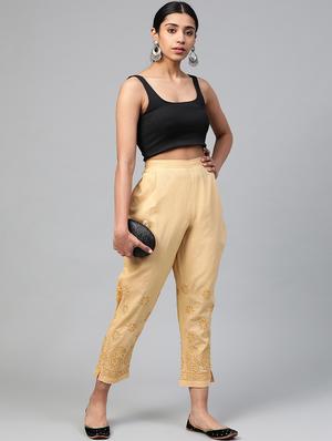 ada hand-embroidered beige chikankari tapered pant - 17658457 - Standard Image - 4