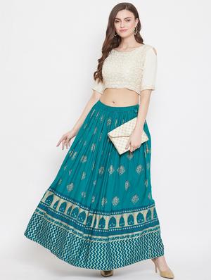 teal rayon flared skirt - 17659198 - Standard Image - 4