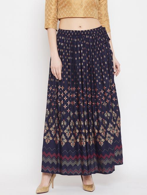 navy blue rayon flared skirt - 17659251 - Standard Image - 1
