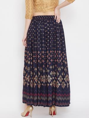 navy blue rayon flared skirt - 17659251 - Standard Image - 3
