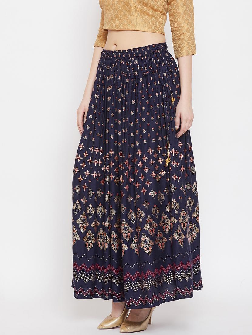 navy blue rayon flared skirt - 17659251 - Zoom Image - 2