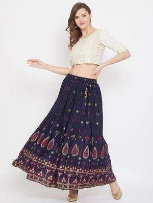navy blue rayon flared skirt - 17659259 - Standard Image - 4