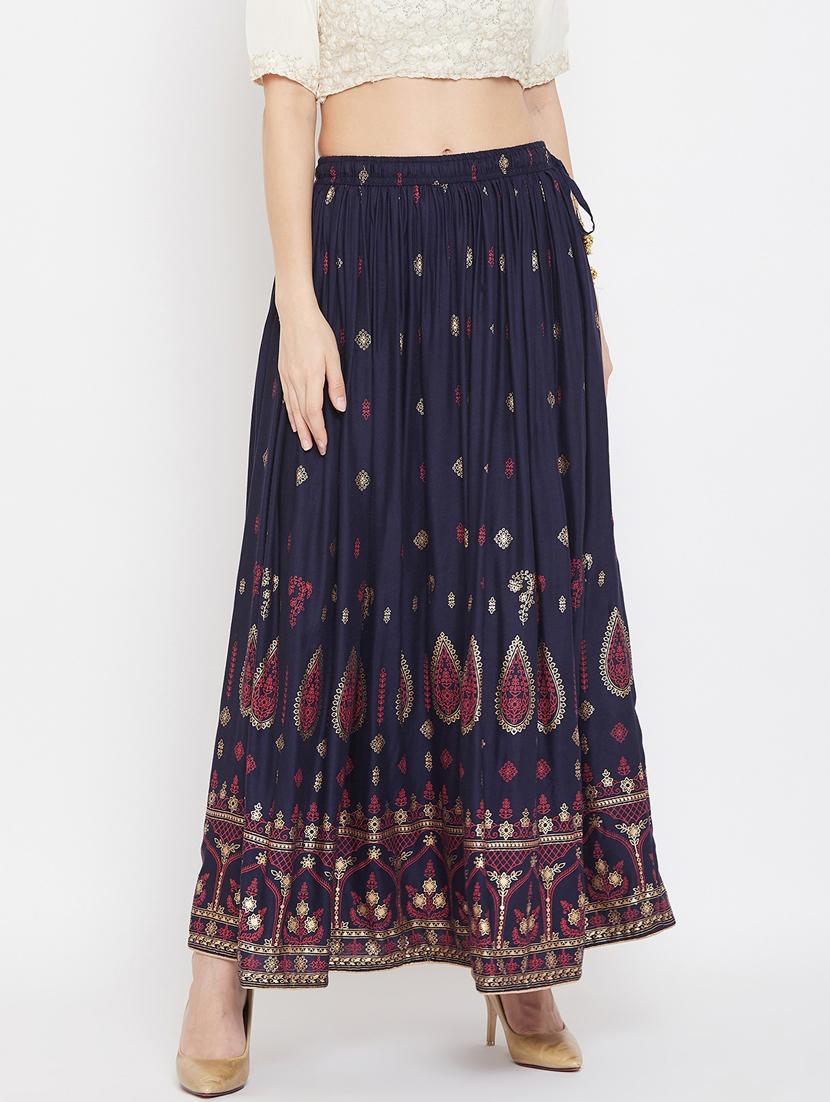 navy blue rayon flared skirt - 17659259 - Zoom Image - 2