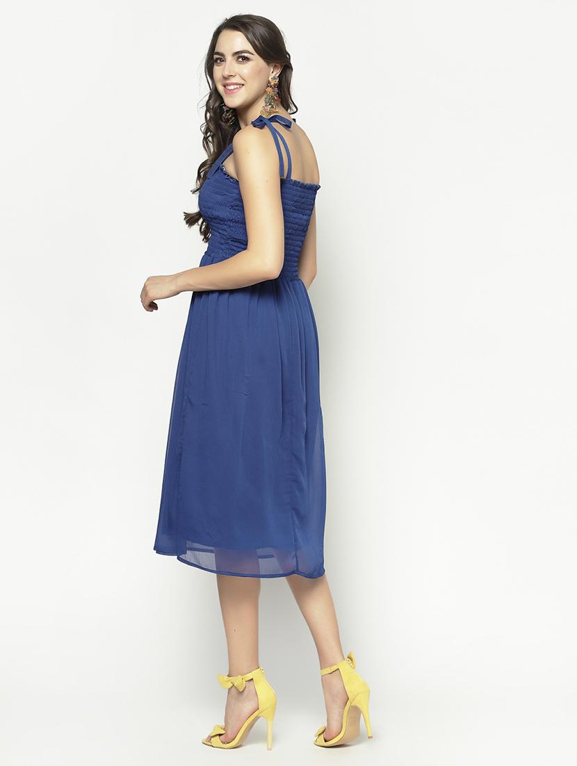 smocked detail solid midi dress - 17661252 - Zoom Image - 3
