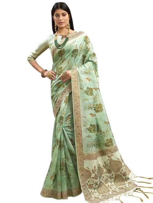 green art silk printed saree with blouse - 17661493 - Standard Image - 1