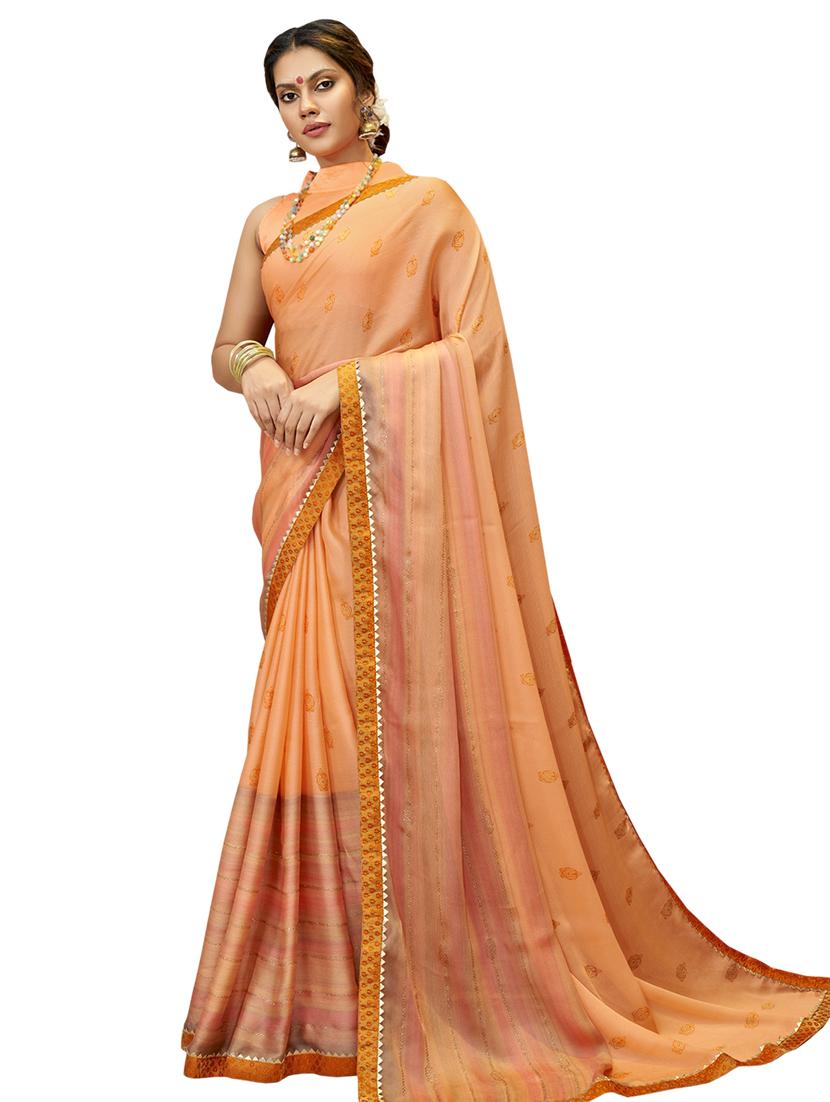 peach chiffon printed saree with blouse - 17661566 - Zoom Image - 1