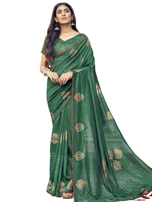 green chanderi saree with blouse - 17661617 - Standard Image - 1
