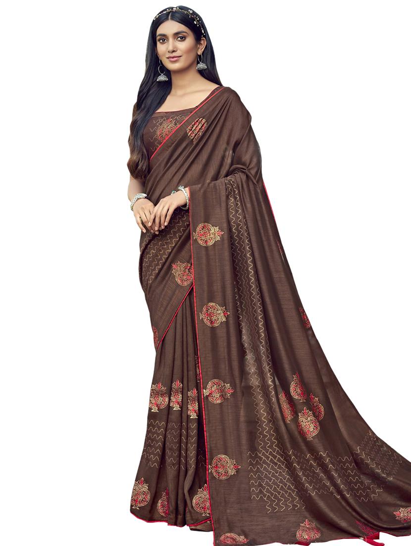 brown chanderi saree with blouse - 17661618 - Zoom Image - 1