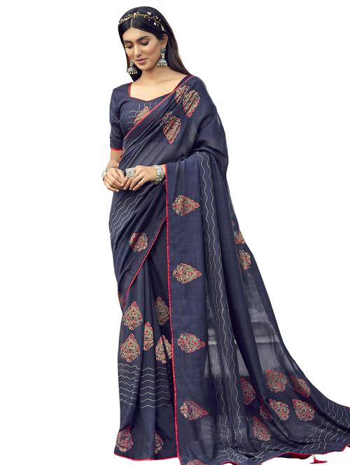 blue chanderi saree with blouse - 17661622 - Standard Image - 1