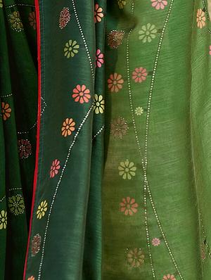 green chanderi printed saree with blouse - 17662011 - Standard Image - 2