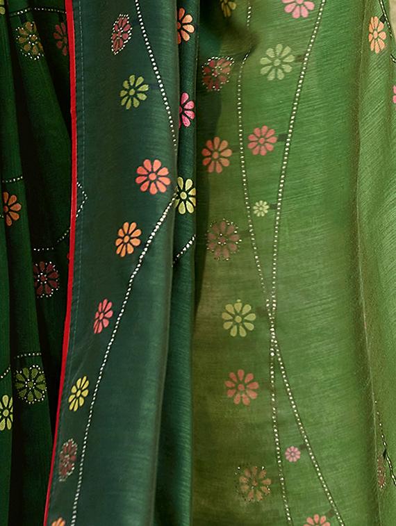 green chanderi printed saree with blouse - 17662011 - Zoom Image - 2