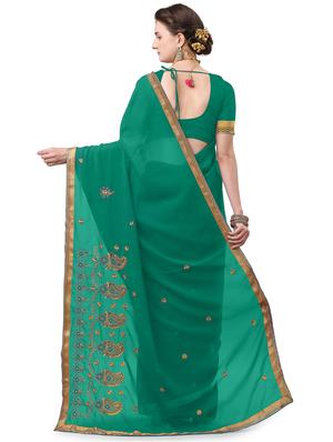 green georgette embroidered saree with blouse - 17664508 - Standard Image - 2