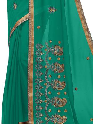 green georgette embroidered saree with blouse - 17664508 - Standard Image - 3