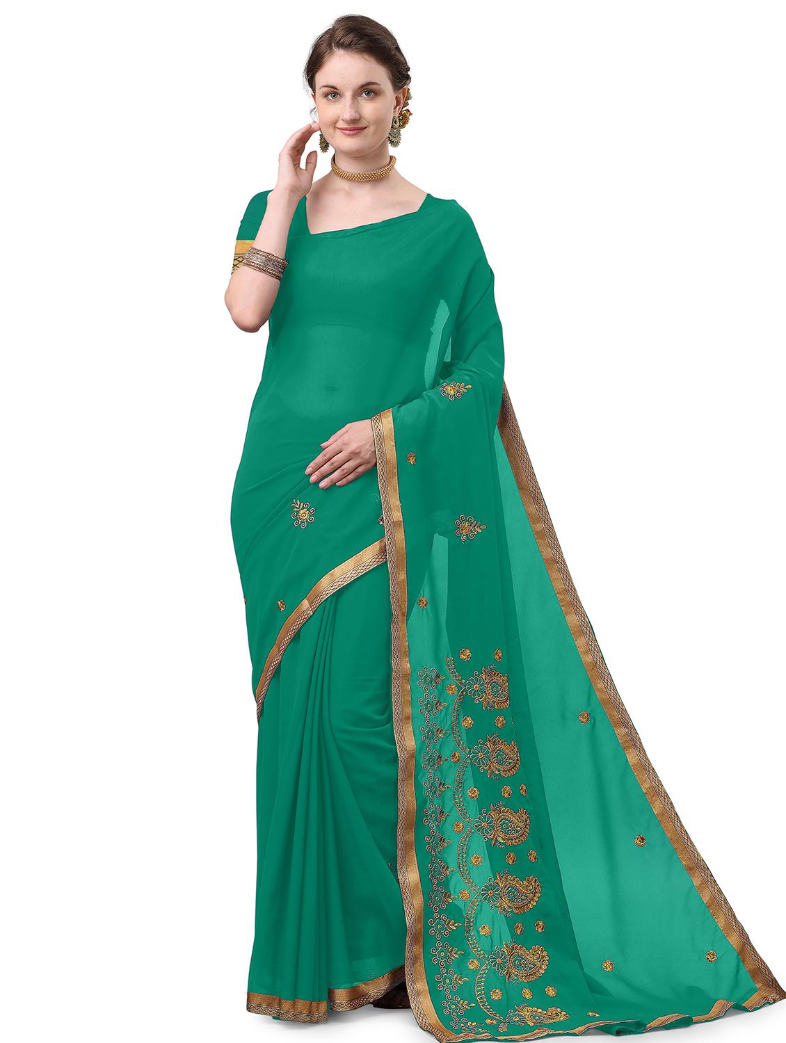 green georgette embroidered saree with blouse - 17664508 - Zoom Image - 1