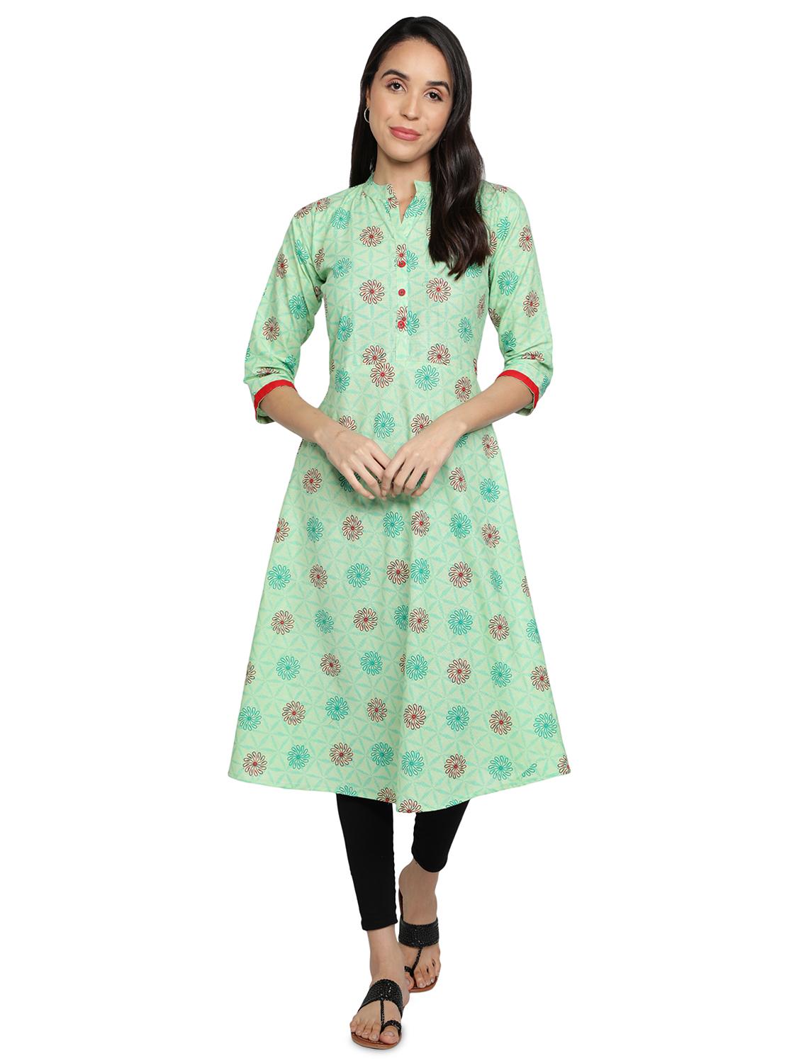 green cotton flared kurta - 17665701 - Zoom Image - 1