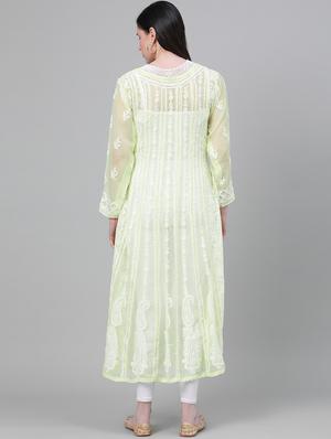 ada hand-embroidered green chikankari anarkali kurta - 17665887 - Standard Image - 3